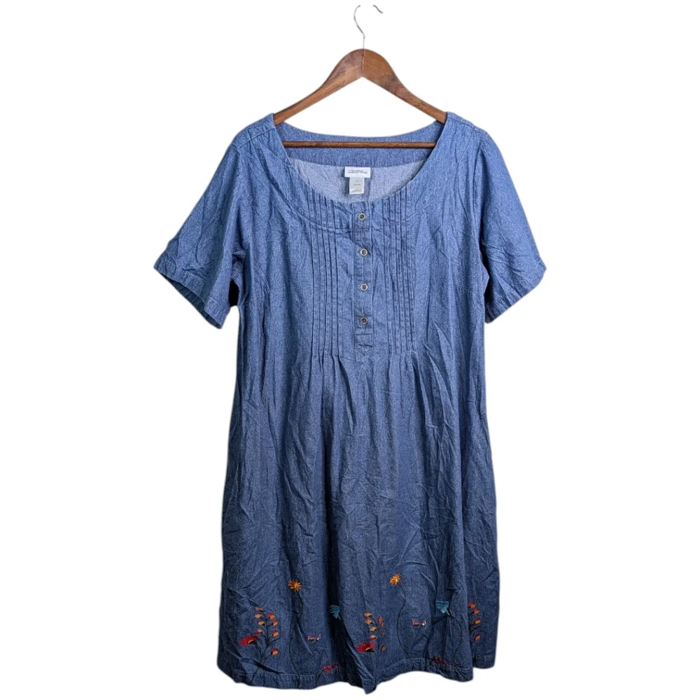 The Vermont Country Store Denim Maxi House Dress 1X Embroidered Floral Prairie - Picture 8 of 8